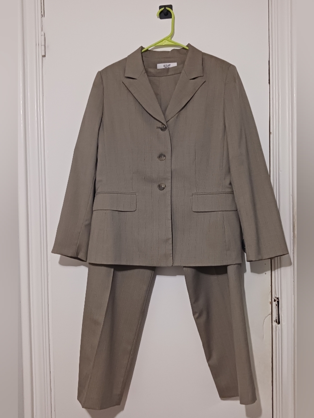 Le Suit Taupe Grey Herringbone with Pinstripes pant suit